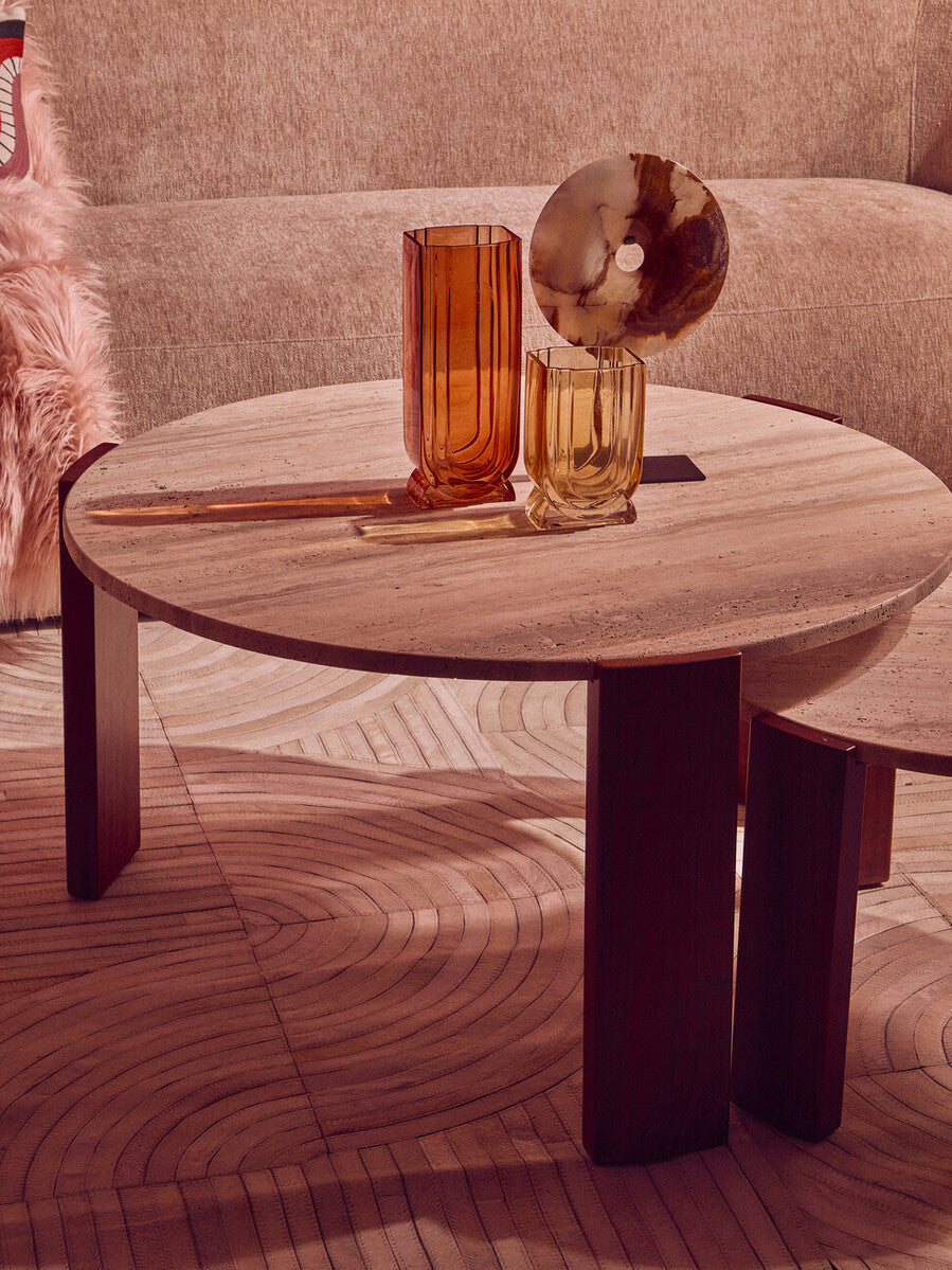 Travertine and Natural Acacia Wood Small Round Coffee Table