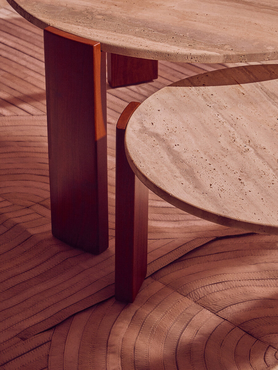 Travertine and Natural Acacia Wood Small Round Coffee Table