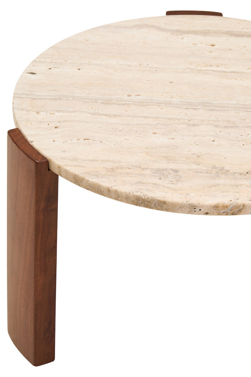 Travertine and Natural Acacia Wood Small Round Coffee Table