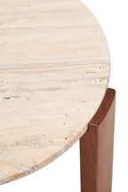 Travertine and Natural Acacia Wood Small Round Coffee Table