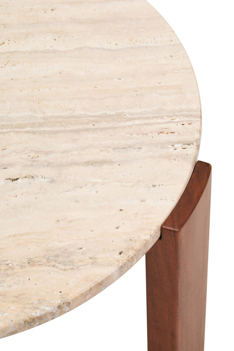 Travertine and Natural Acacia Wood Small Round Coffee Table