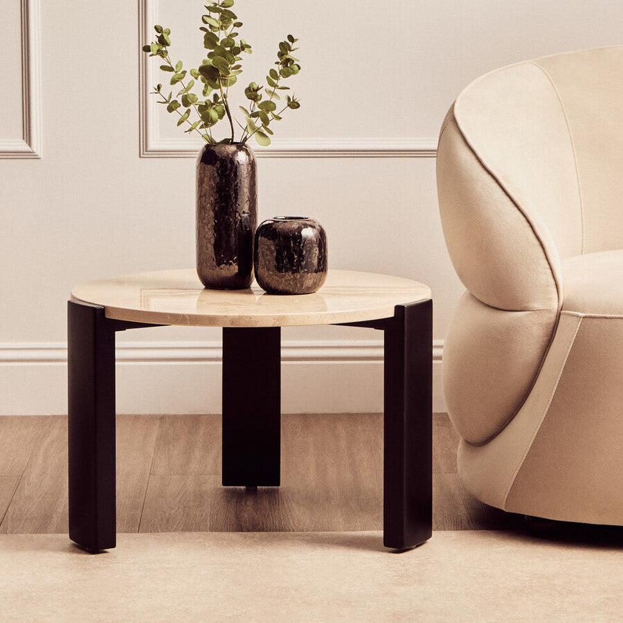 Cream Round Marble Top Large Coffee Table with Small Acacia Legs