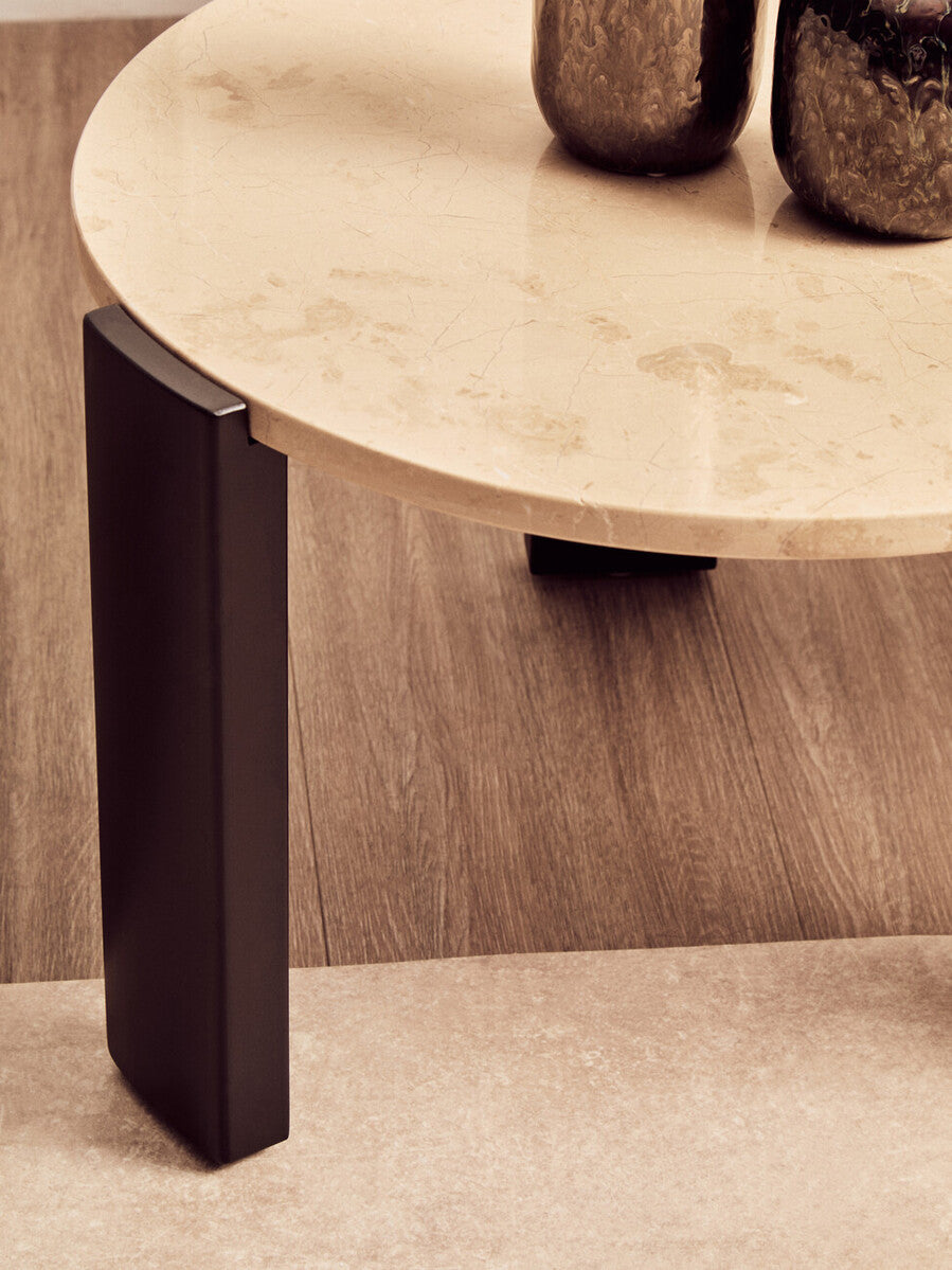 Cream Round Marble Top Large Coffee Table with Small Acacia Legs