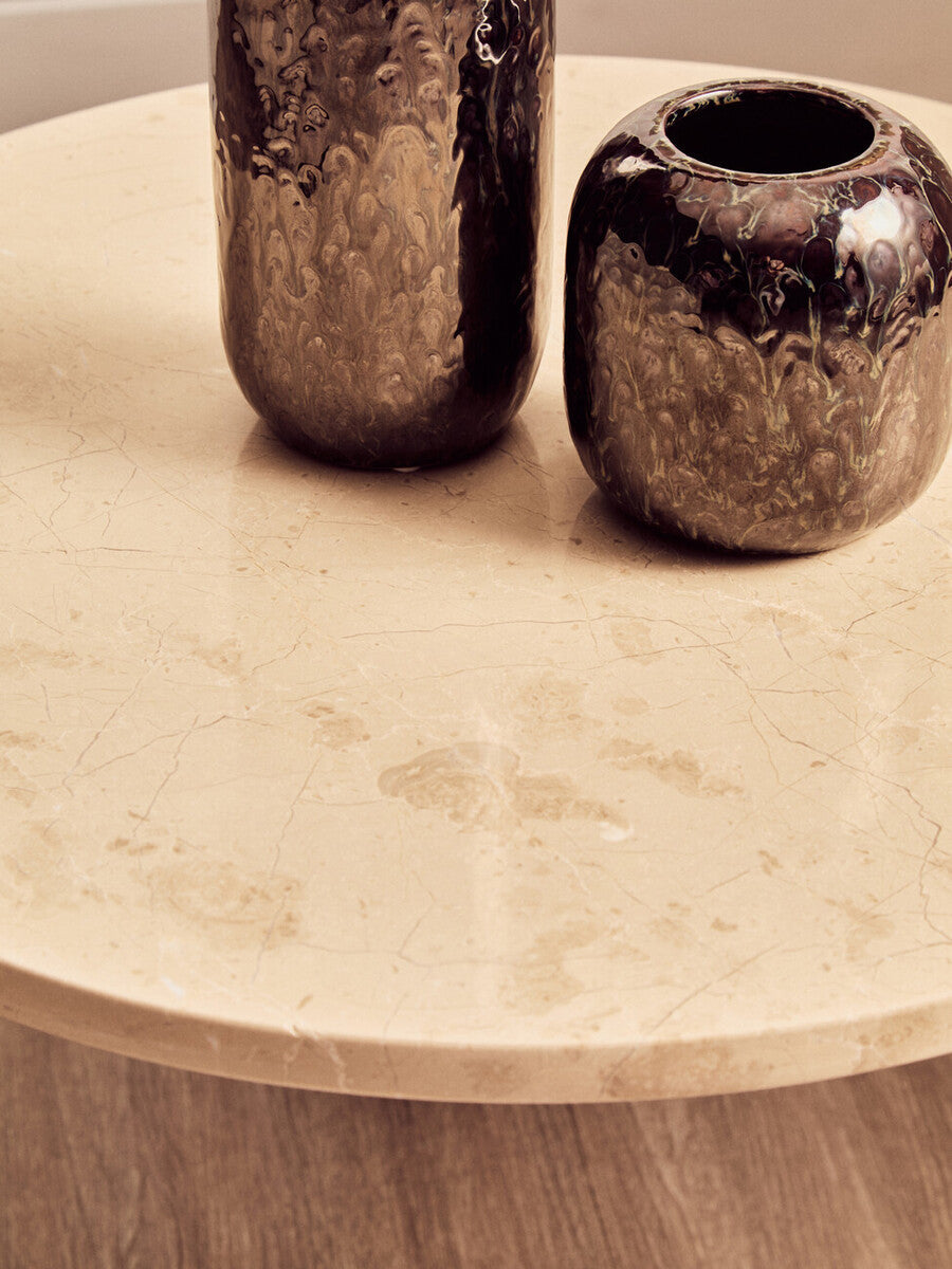 Cream Round Marble Top Large Coffee Table with Small Acacia Legs