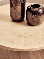 Cream Round Marble Top Large Coffee Table with Small Acacia Legs