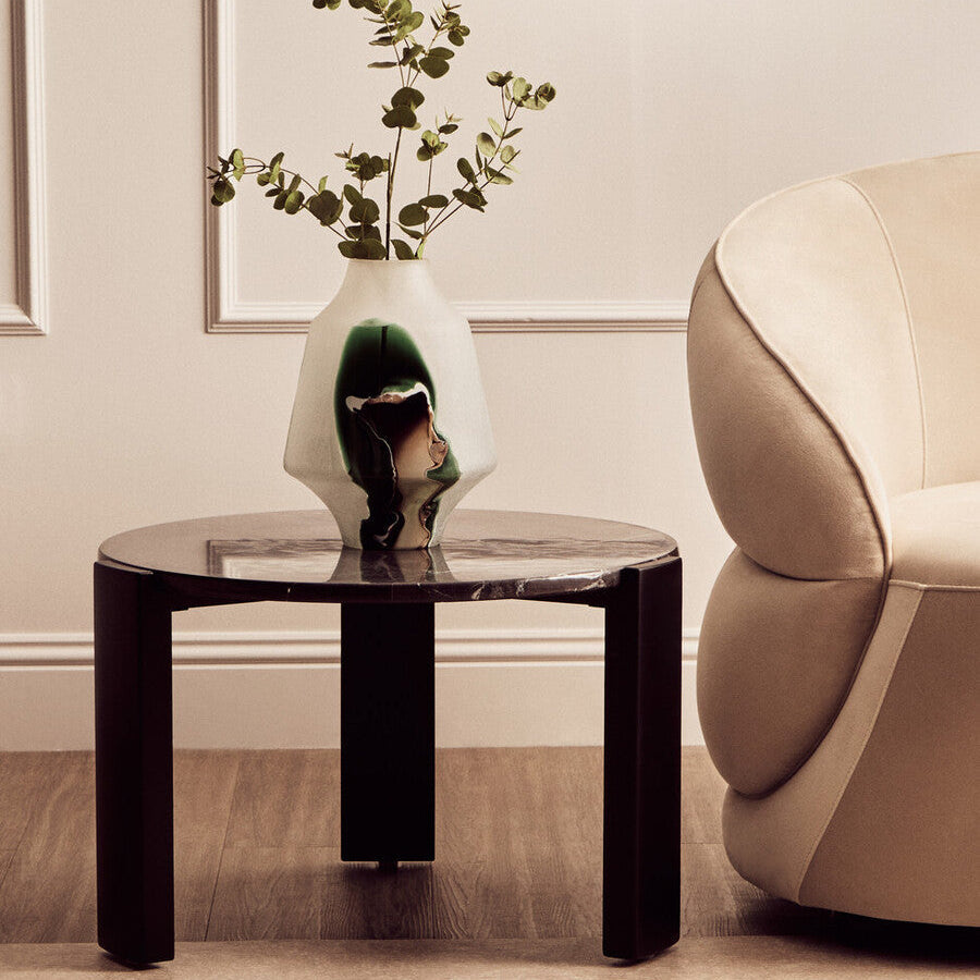 Black Round Marble Top Small Coffee Table with Black Acacia Legs