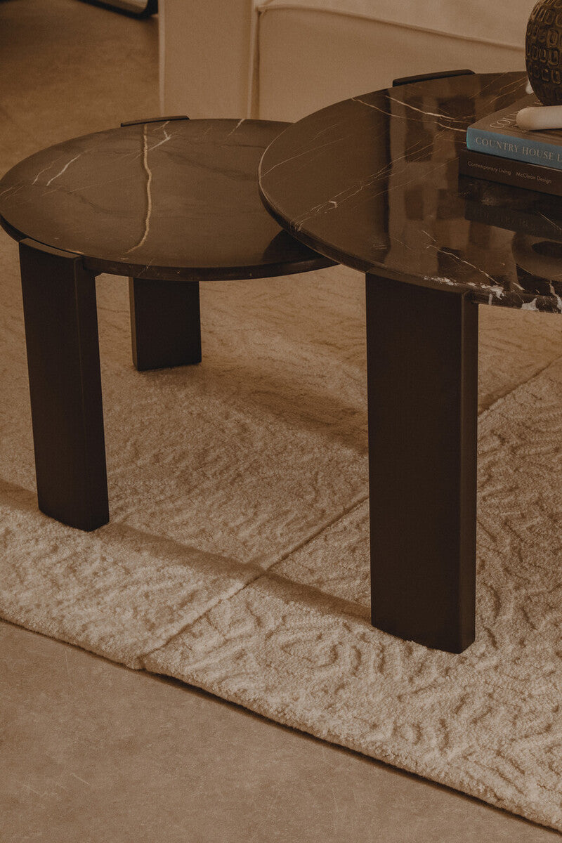 Black Round Marble Top Small Coffee Table with Black Acacia Legs