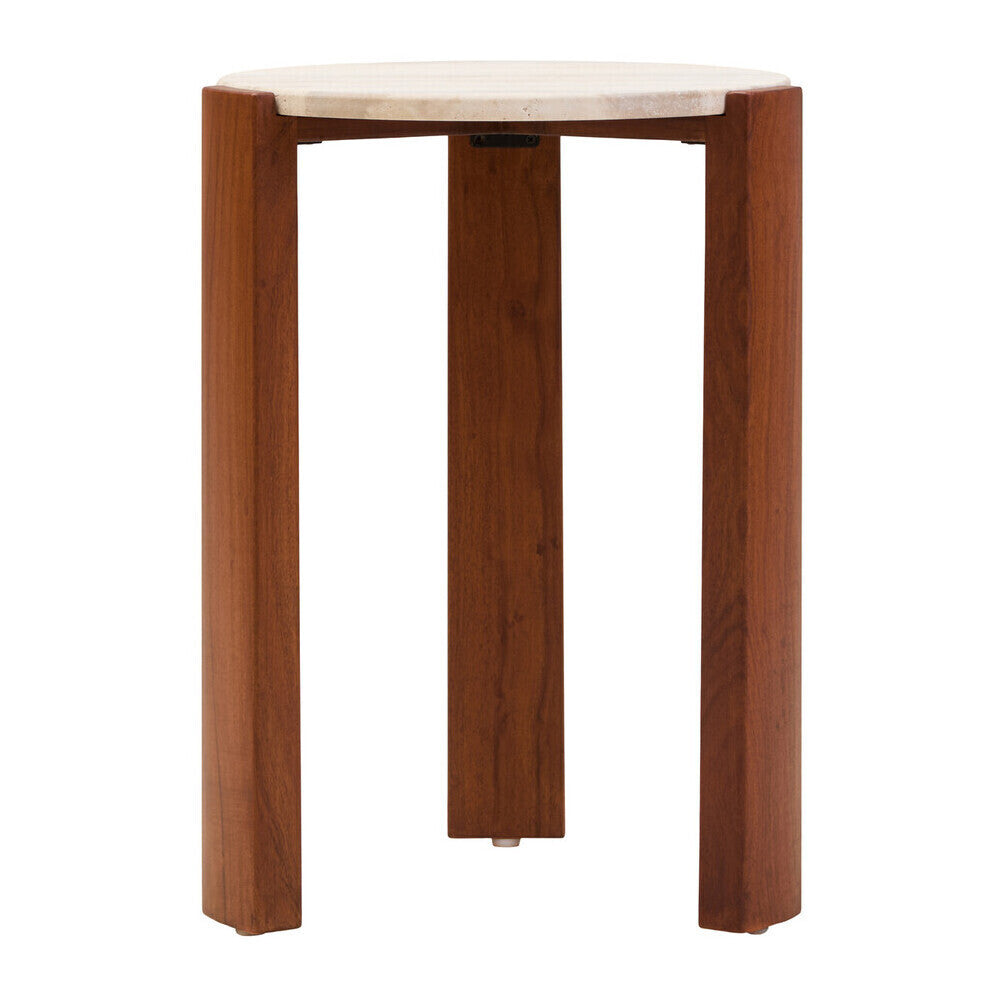 Cream Travertine Top Round Side Table with Natural Brown Acacia Wood Base