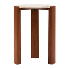 Cream Travertine Top Round Side Table with Natural Brown Acacia Wood Base