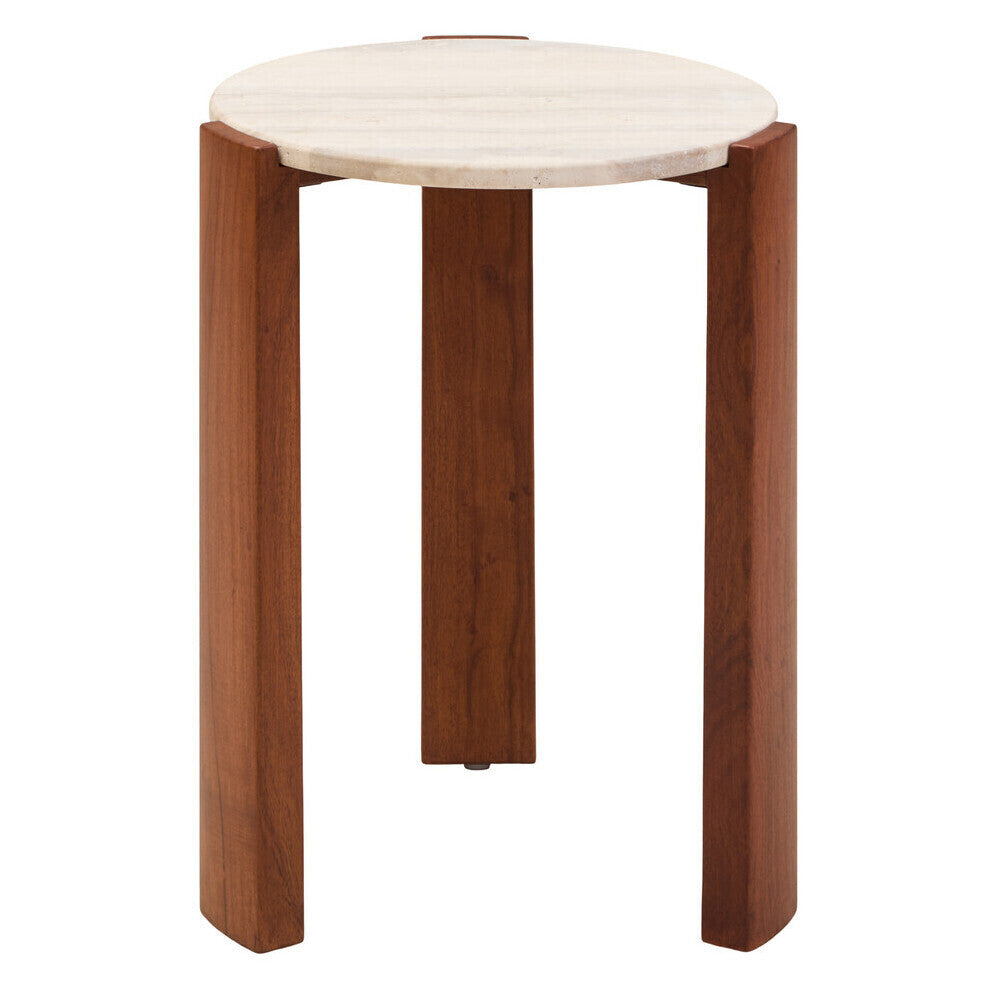 Cream Travertine Top Round Side Table with Natural Brown Acacia Wood Base