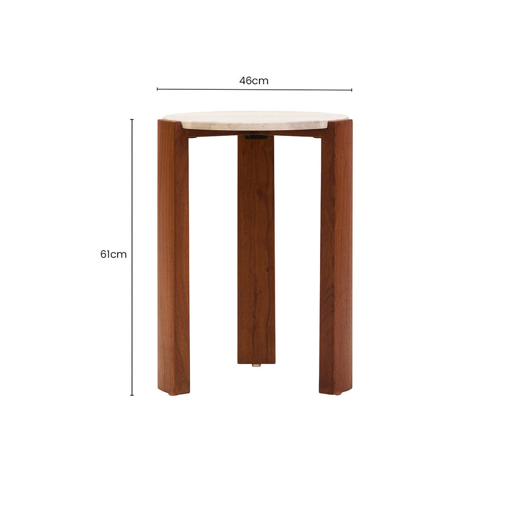Cream Travertine Top Round Side Table with Natural Brown Acacia Wood Base