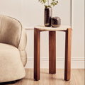 Cream Travertine Top Round Side Table with Natural Brown Acacia Wood Base