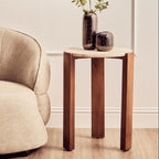 Cream Travertine Top Round Side Table with Natural Brown Acacia Wood Base