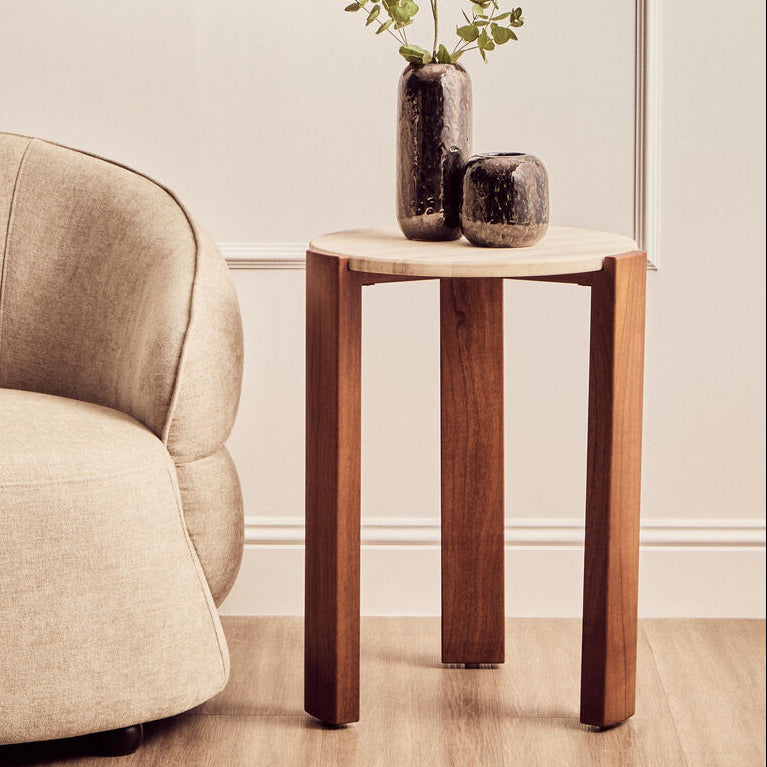 Cream Travertine Top Round Side Table with Natural Brown Acacia Wood Base