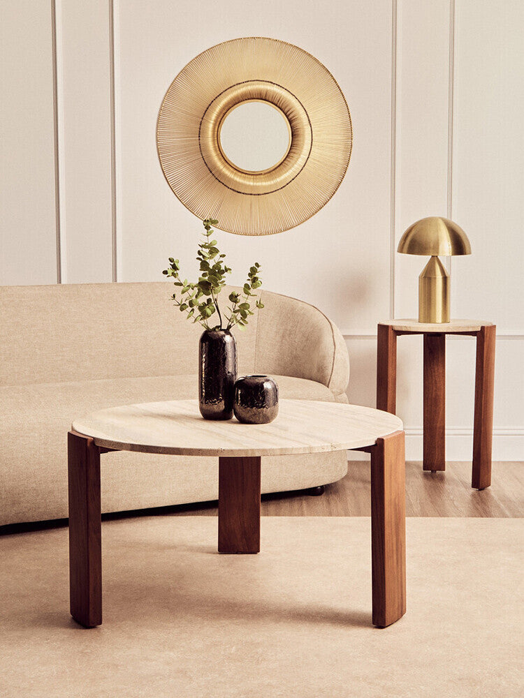 Cream Travertine Top Round Side Table with Natural Brown Acacia Wood Base