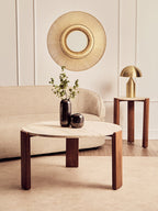 Cream Travertine Top Round Side Table with Natural Brown Acacia Wood Base