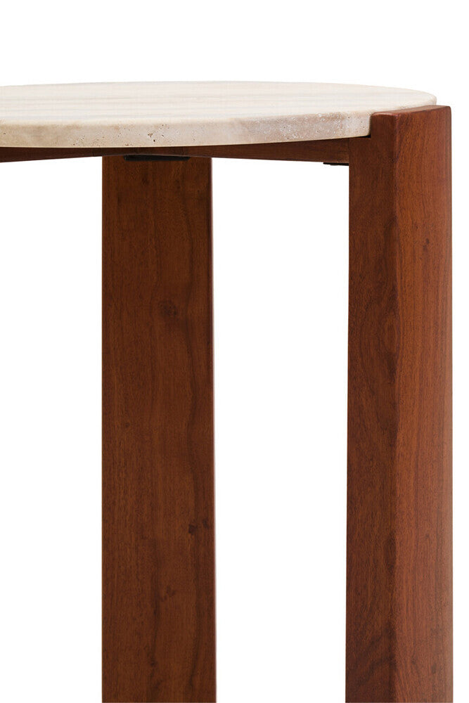 Cream Travertine Top Round Side Table with Natural Brown Acacia Wood Base