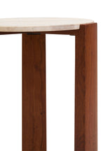 Cream Travertine Top Round Side Table with Natural Brown Acacia Wood Base