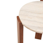 Cream Travertine Top Round Side Table with Natural Brown Acacia Wood Base