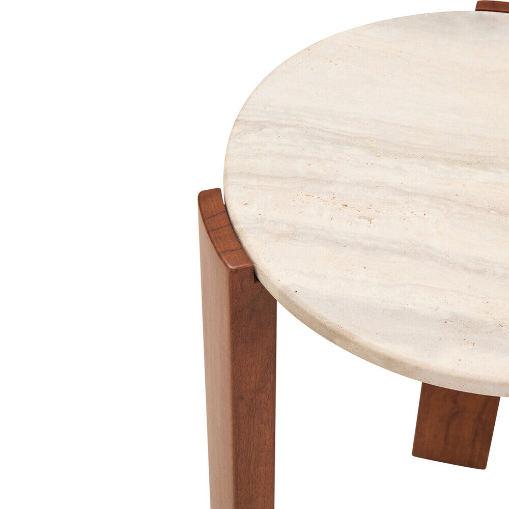Cream Travertine Top Round Side Table with Natural Brown Acacia Wood Base
