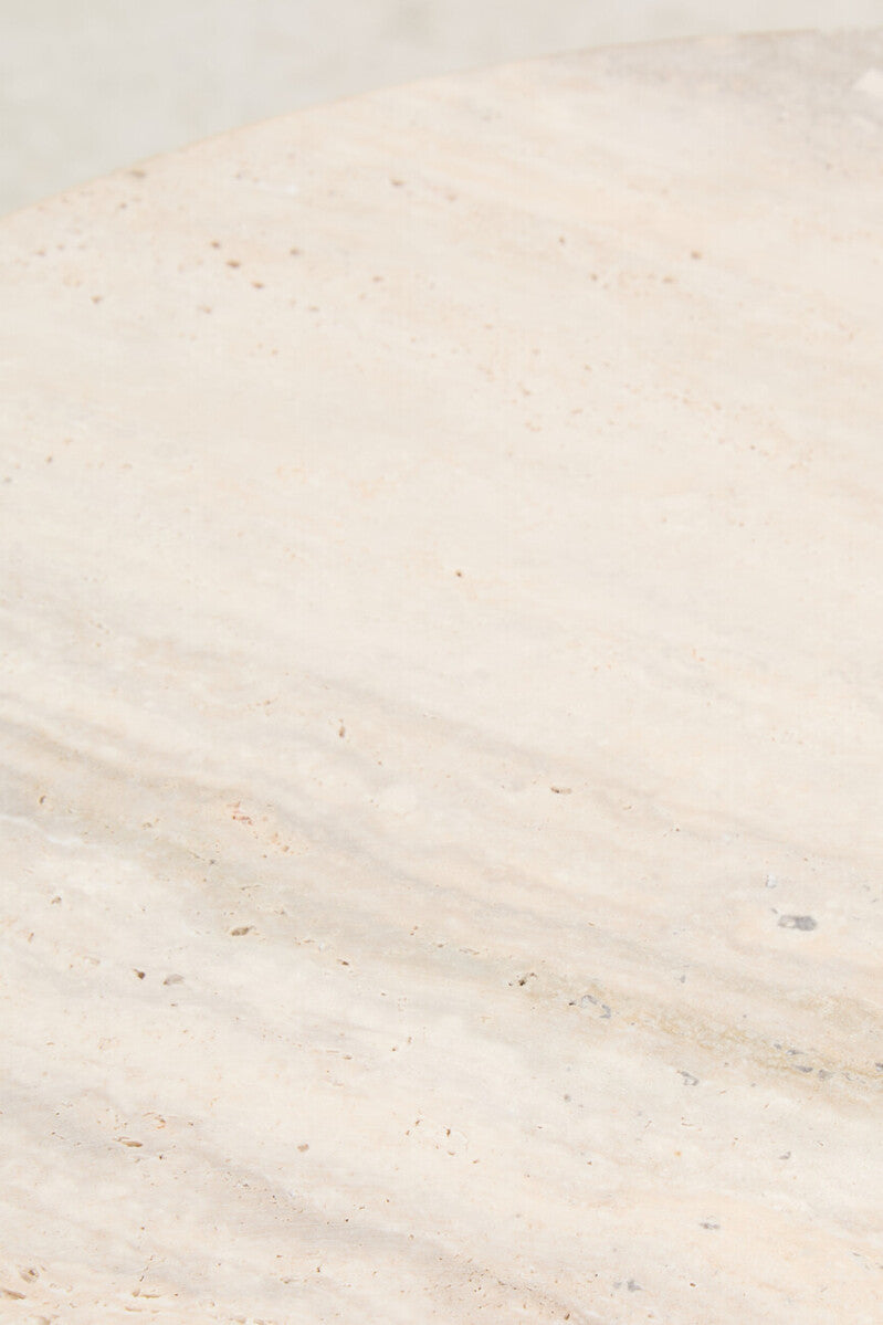 Cream Travertine Top Round Side Table with Natural Brown Acacia Wood Base