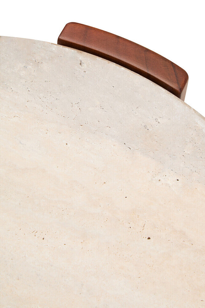 Cream Travertine Top Round Side Table with Natural Brown Acacia Wood Base