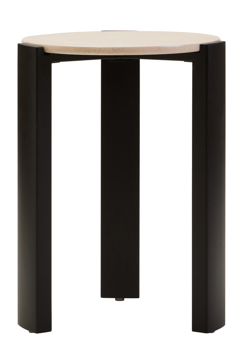 Cream Marble Top Round Side Table with Black Acacia Wood Legs