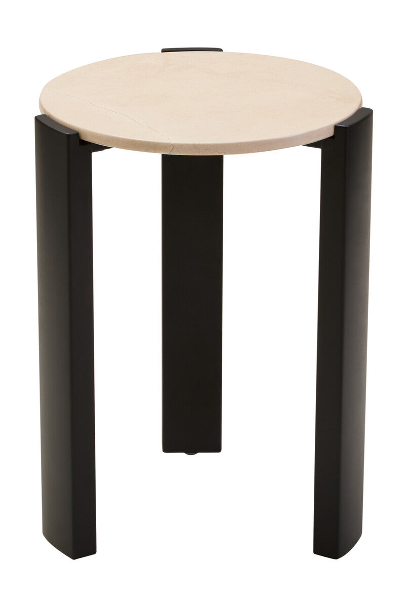Cream Marble Top Round Side Table with Black Acacia Wood Legs