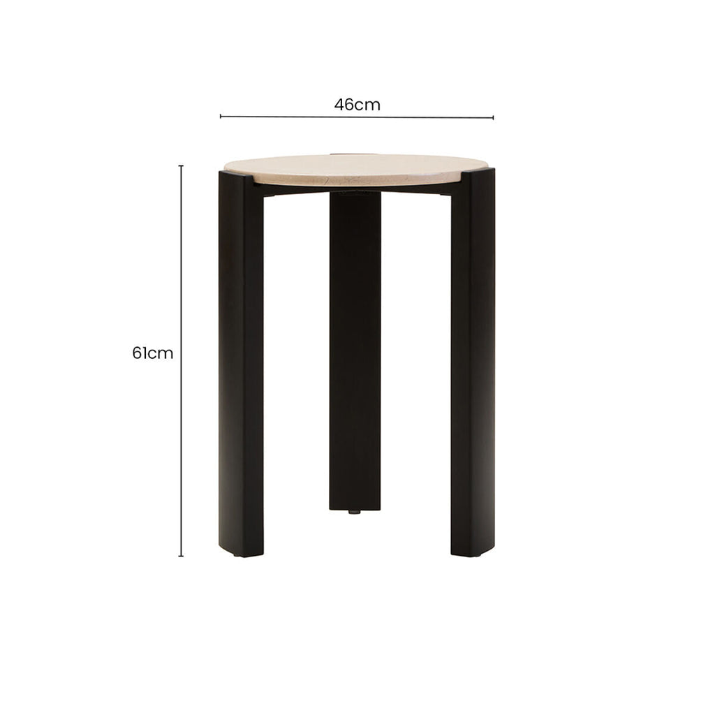 Cream Marble Top Round Side Table with Black Acacia Wood Legs