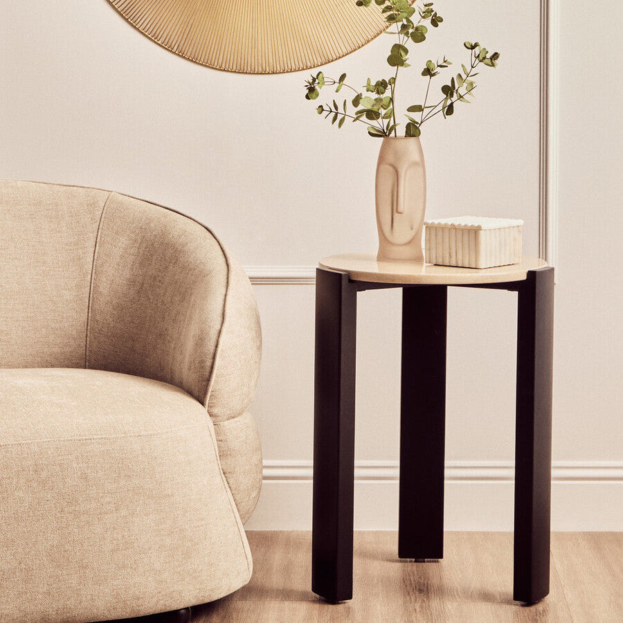 Cream Marble Top Round Side Table with Black Acacia Wood Legs