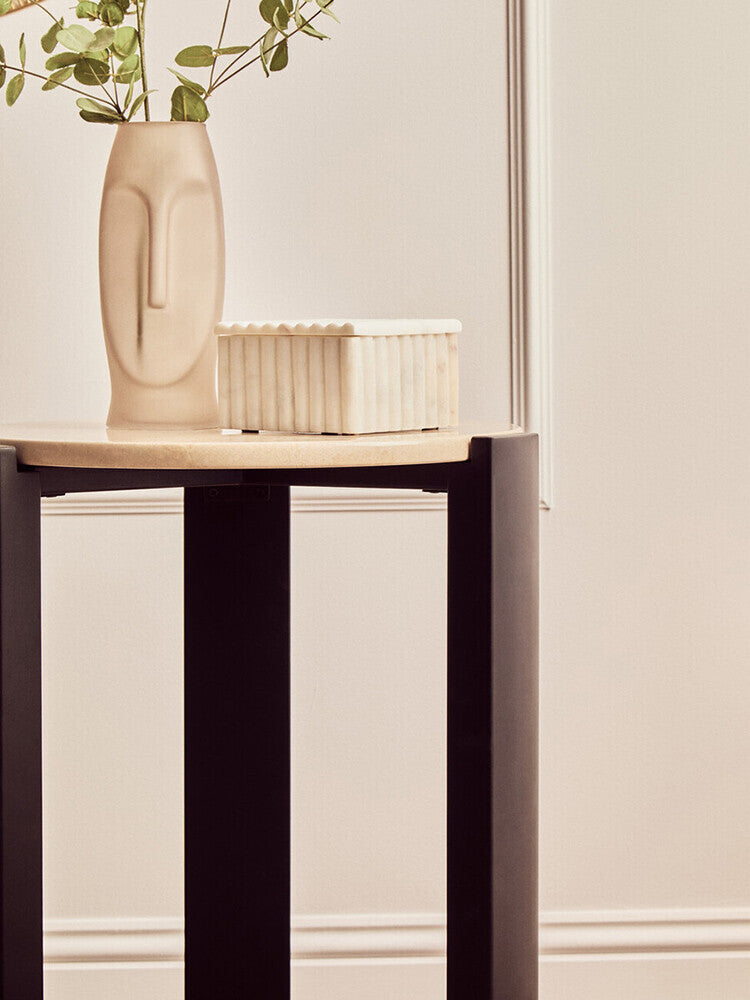 Cream Marble Top Round Side Table with Black Acacia Wood Legs