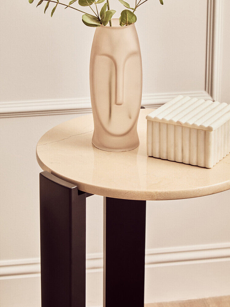 Cream Marble Top Round Side Table with Black Acacia Wood Legs