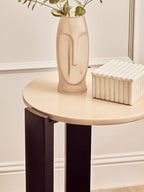Cream Marble Top Round Side Table with Black Acacia Wood Legs