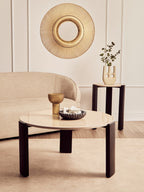 Cream Marble Top Round Side Table with Black Acacia Wood Legs
