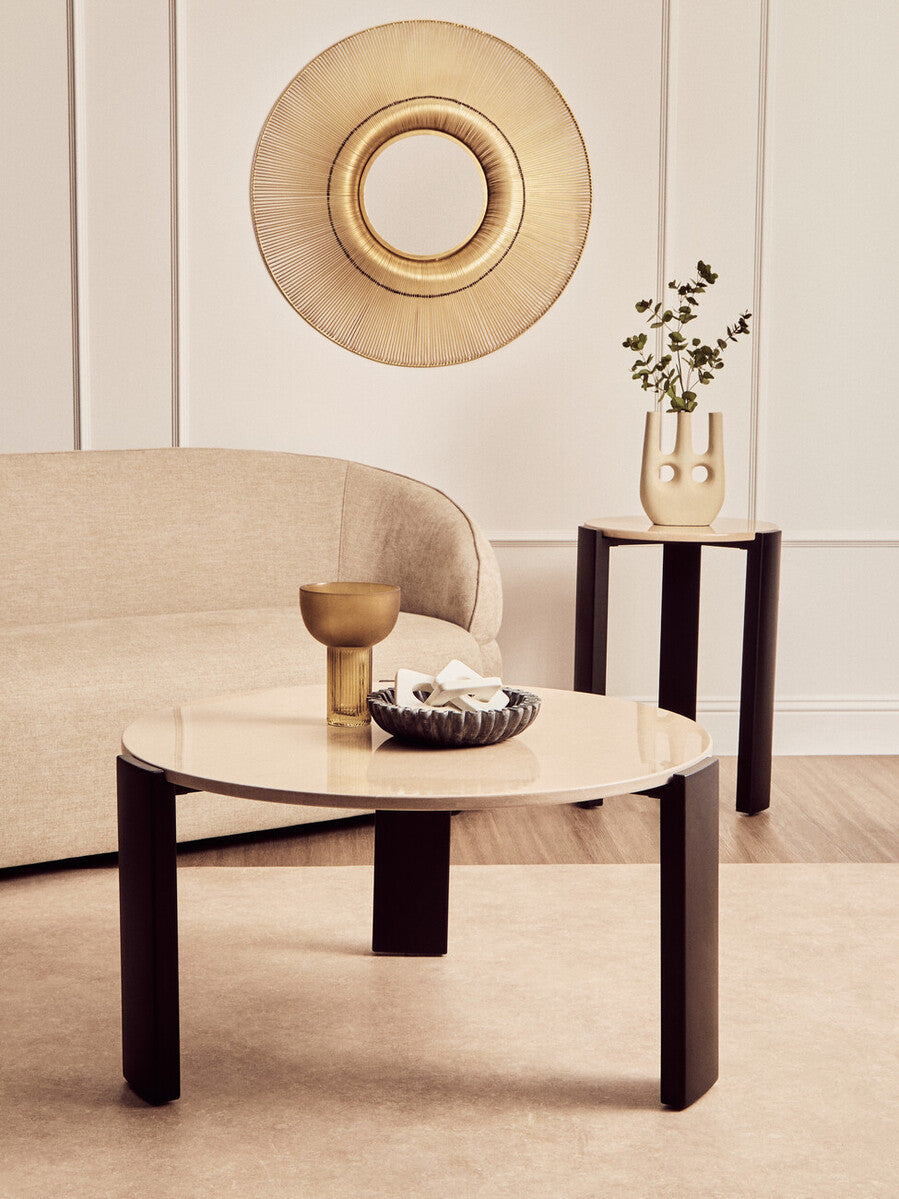 Cream Marble Top Round Side Table with Black Acacia Wood Legs