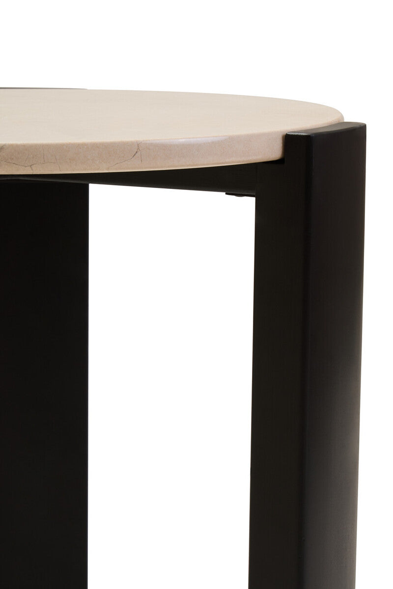Cream Marble Top Round Side Table with Black Acacia Wood Legs
