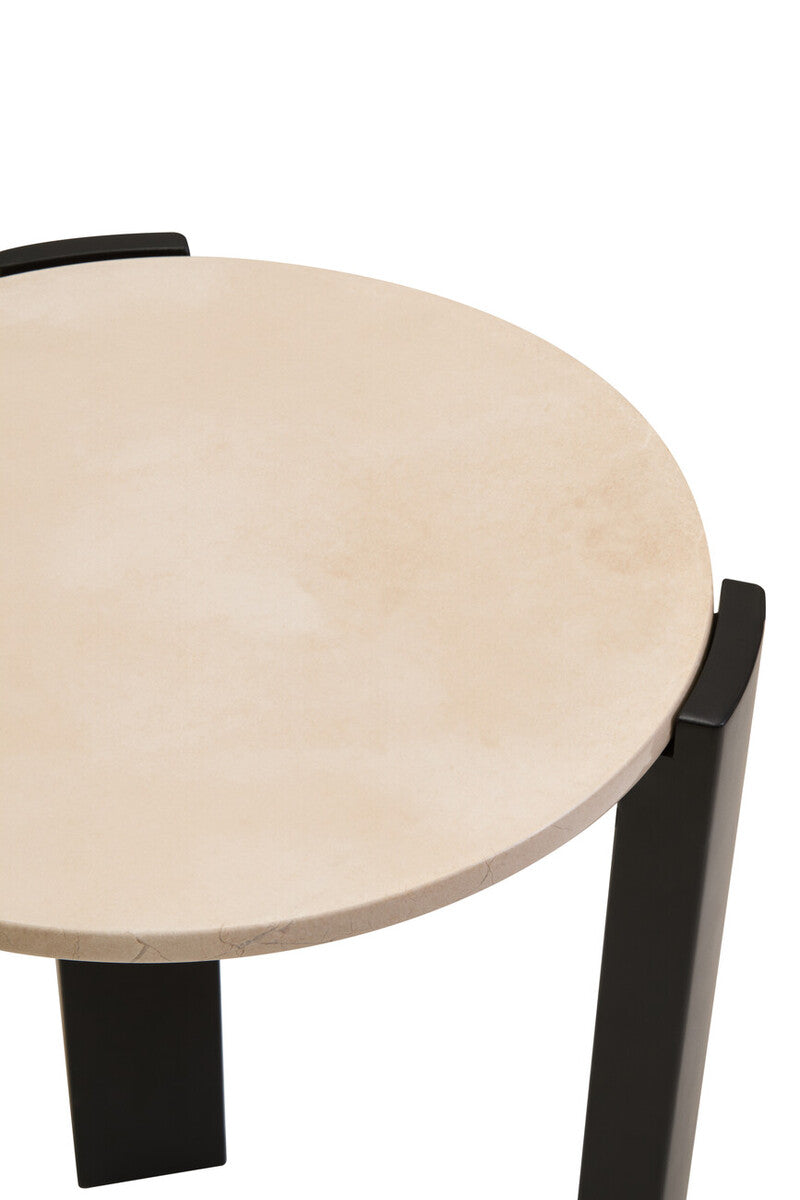 Cream Marble Top Round Side Table with Black Acacia Wood Legs