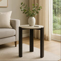 Cream Marble Top Round Side Table with Black Acacia Wood Legs