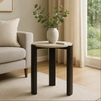 Cream Marble Top Round Side Table with Black Acacia Wood Legs