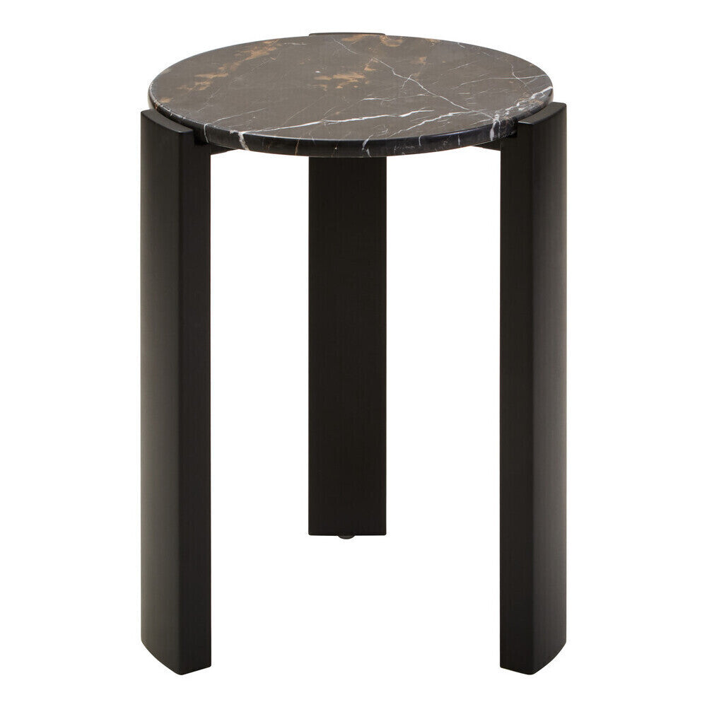 Black Marble Top Round Side Table with Black Acacia Wood Legs