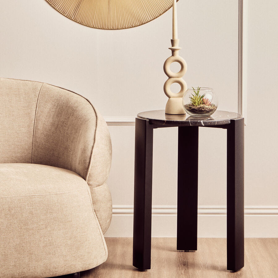 Black Marble Top Round Side Table with Black Acacia Wood Legs