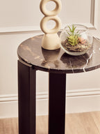 Black Marble Top Round Side Table with Black Acacia Wood Legs