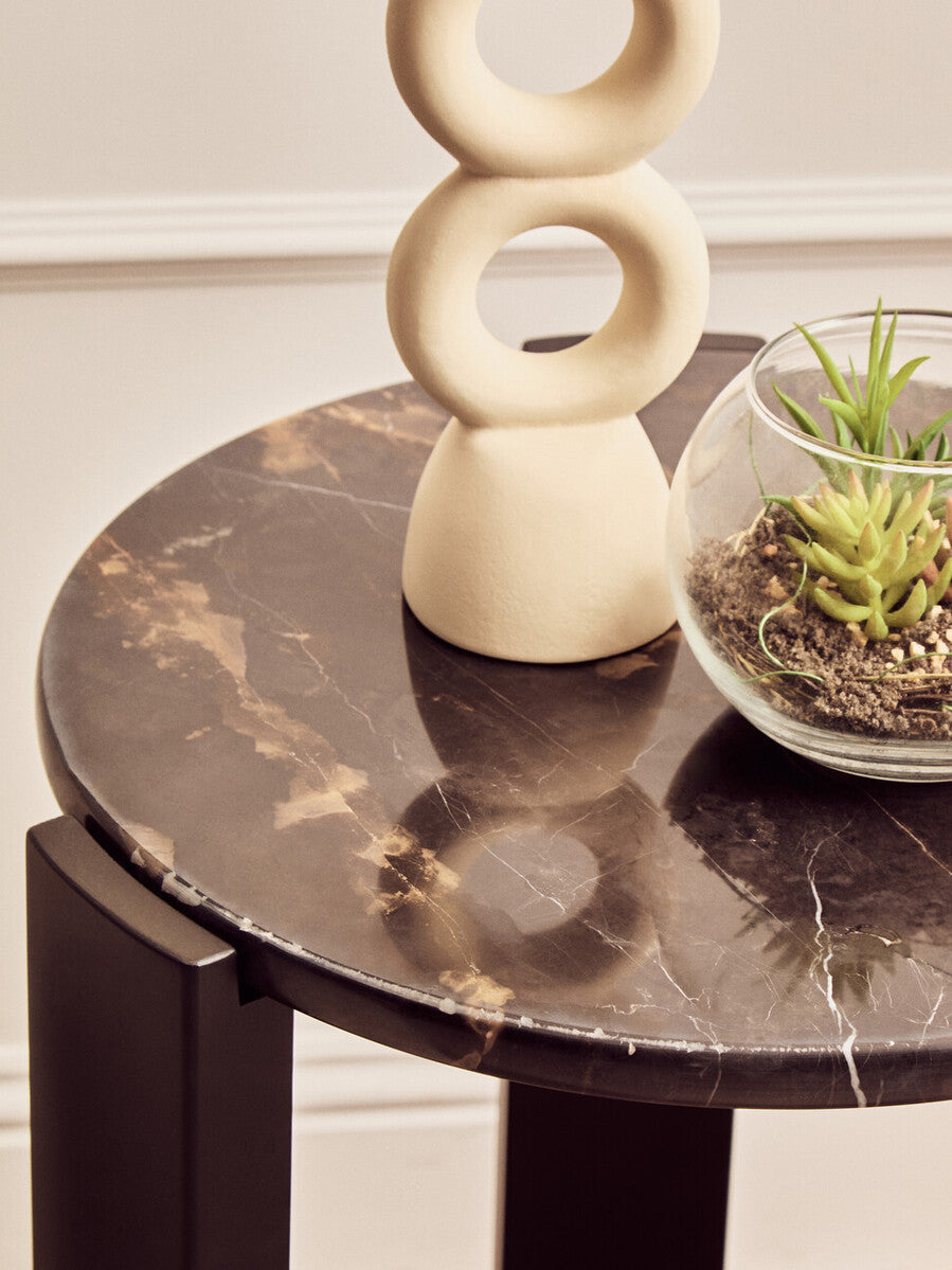 Black Marble Top Round Side Table with Black Acacia Wood Legs