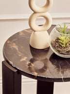 Black Marble Top Round Side Table with Black Acacia Wood Legs