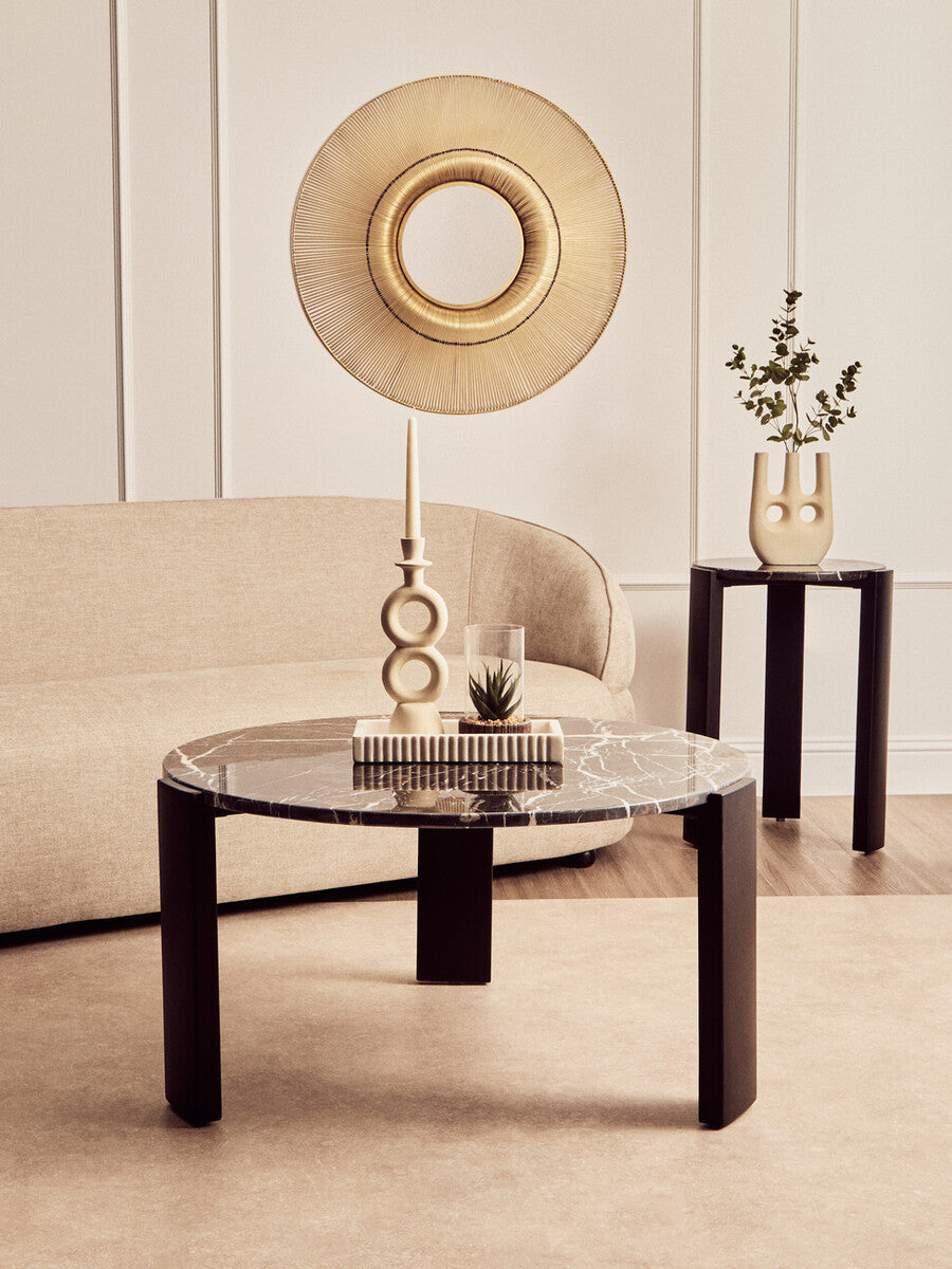Black Marble Top Round Side Table with Black Acacia Wood Legs