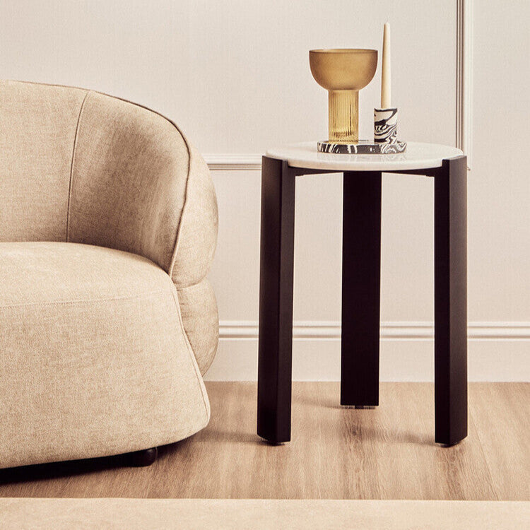 White Marble Top Round Side Table with Black Acacia Wood Legs