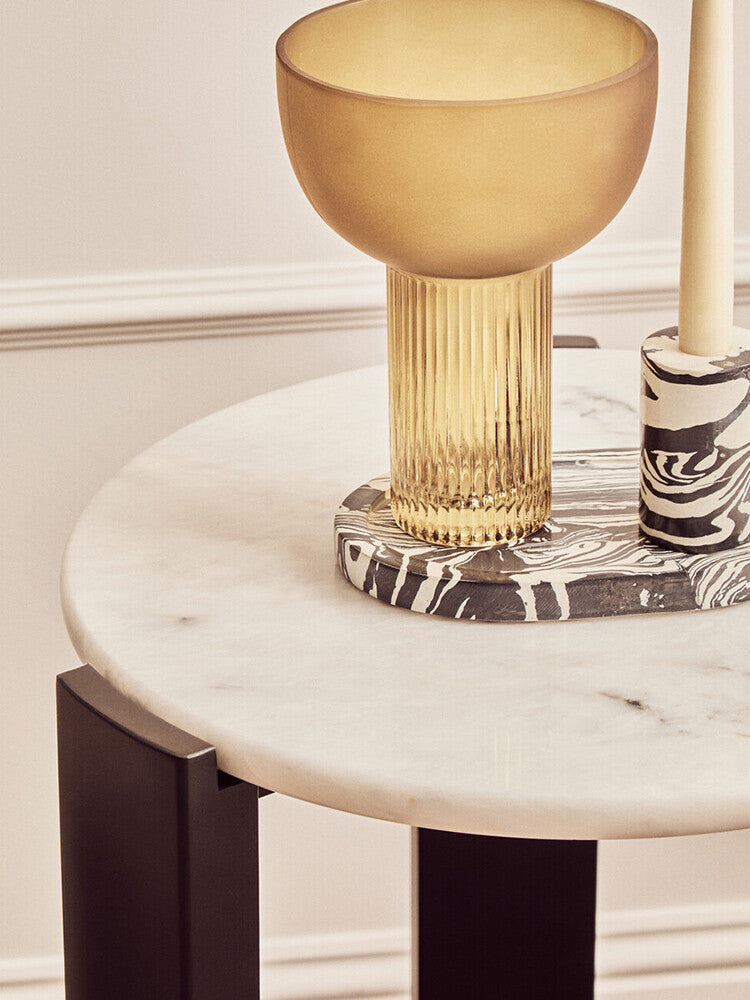 White Marble Top Round Side Table with Black Acacia Wood Legs