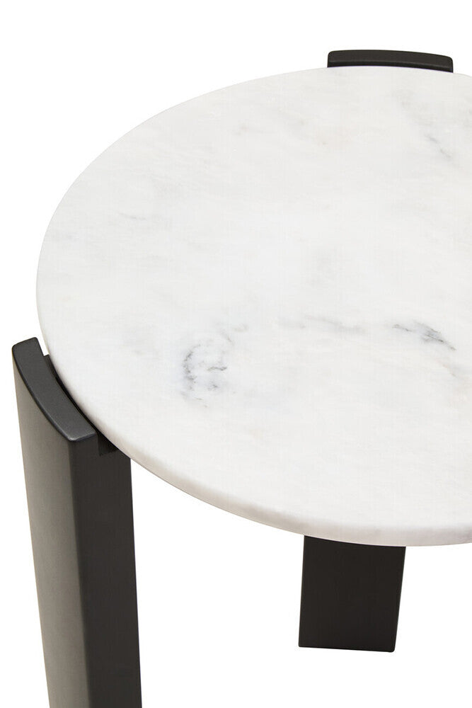 White Marble Top Round Side Table with Black Acacia Wood Legs