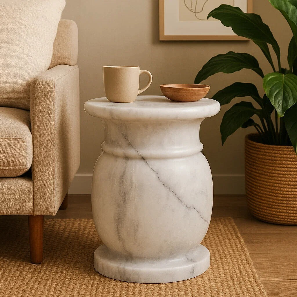 White Marble Side Table and Stool