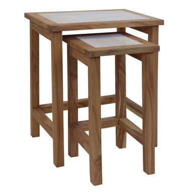 Set of 2 Cream Travertine Top Small Nesting Console Tables with Natural Acacia Wood Frames